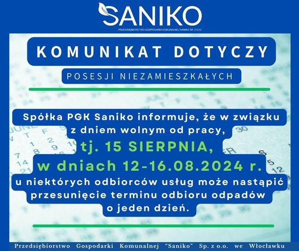 Komunikat „Saniko” dotyczący odbioru odpadów